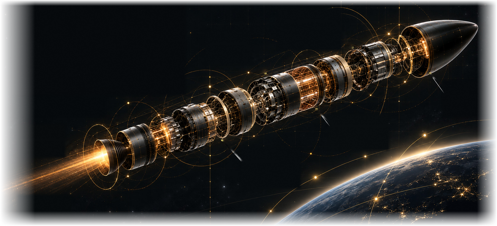 Exploded rocket and Earth: a conceptual illustration of connected engineering disciplines.